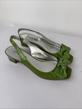 🪺 Moda Spana Lime Green patent leather Slingback Knot Peep-Toe Low Block Heels